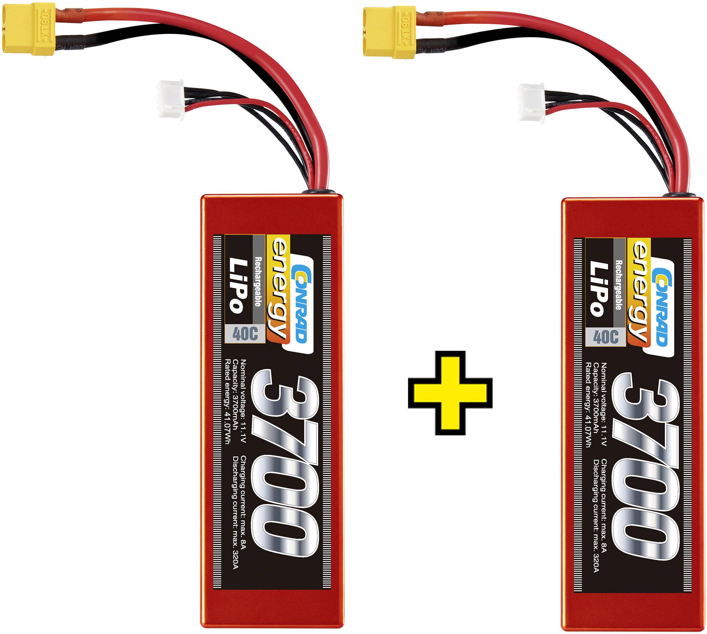 Twee LiPo-accu's met een capaciteit van 3700 mAh. Tussen hen bevindt zich een plusteken, dat een verbinding of optelling aangeeft.