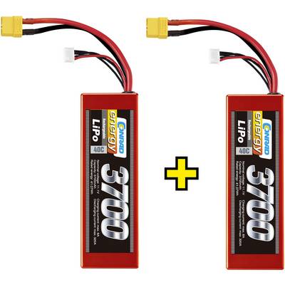 Twee LiPo-accu's met een capaciteit van 3700 mAh. Tussen hen bevindt zich een plusteken, dat een verbinding of optelling aangeeft.