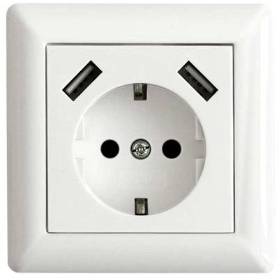 Witte stopcontact met twee USB-poorten bovenaan. Geschikt voor gebruik met standaard stekkers en USB-apparaten. Ideaal voor moderne huishoudens.