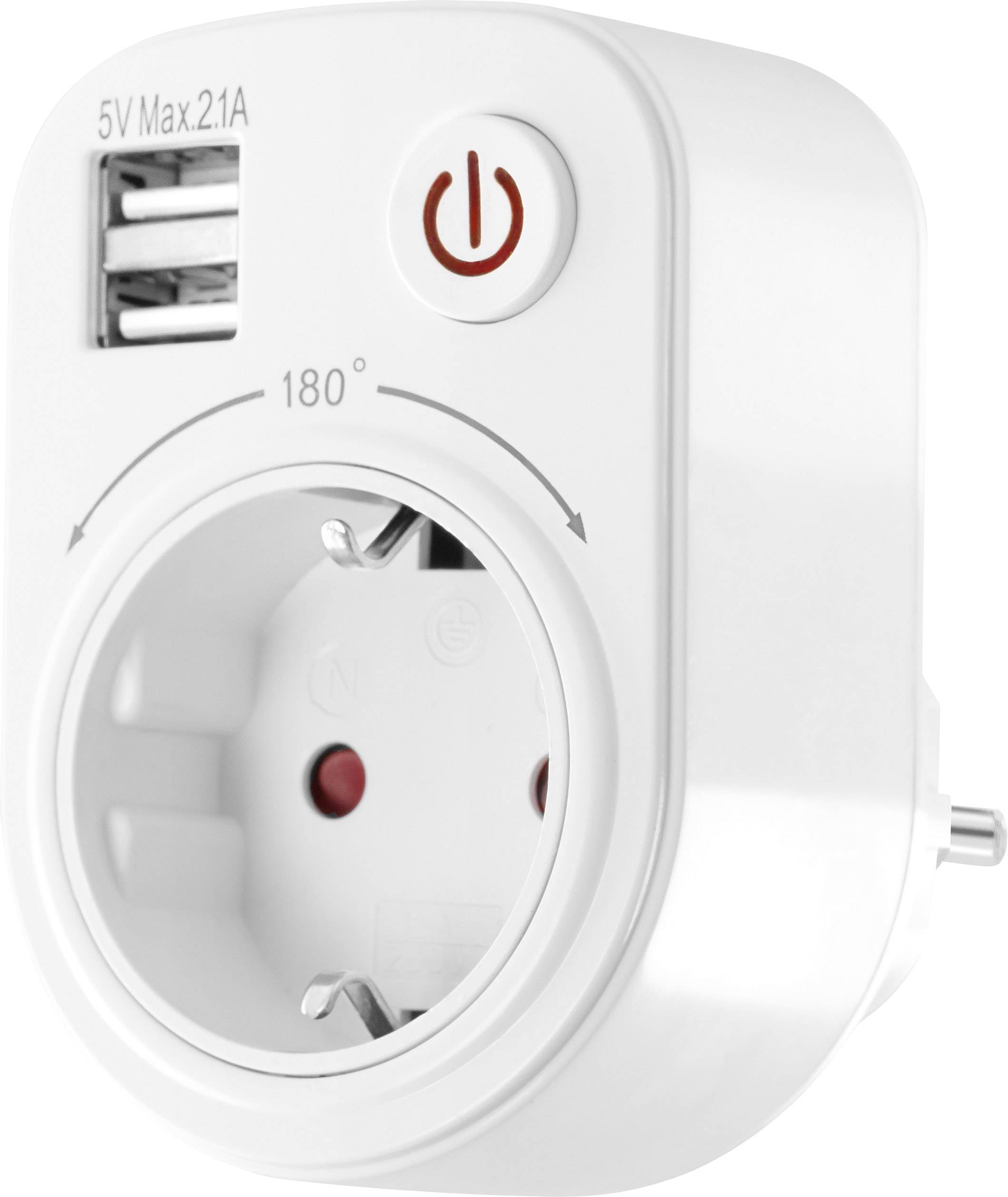 Witte elektrische adapter met stopcontact en twee USB-poorten, voorzien van een rode aan-/uitknop en een vermelding van maximaal 2,1A bij 5V.