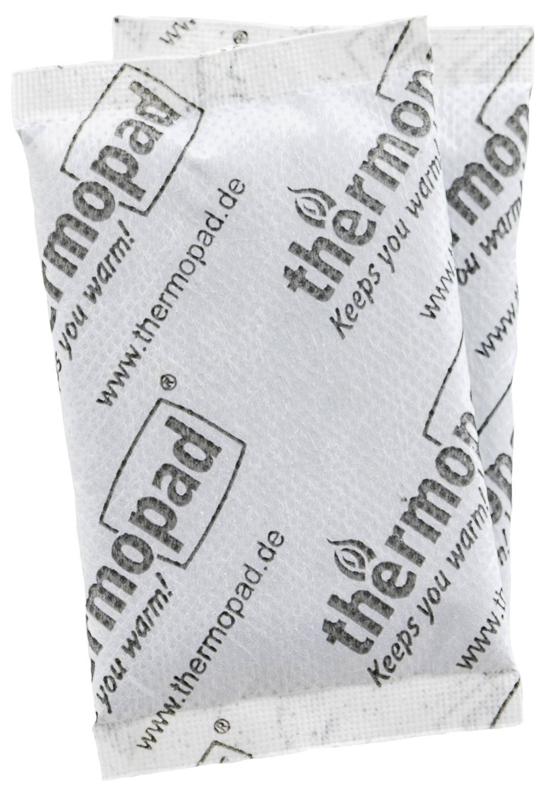 Twee witte 'thermopad' handwarmers met de tekst 'Keeps you warm!' op de verpakking.