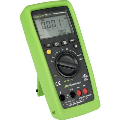 Een digitaal multimeter met een groen behuizing toont de meetwaarde '0,001' aan. Het heeft knoppen en een draaiknop voor verschillende meetfuncties.