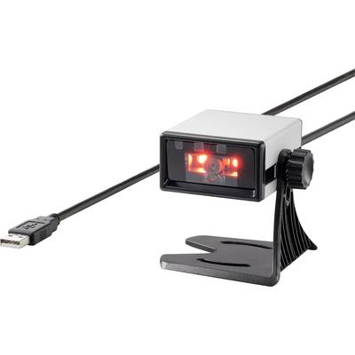Een barcodescanner met een USB-kabel, gemonteerd op een zwarte standaard. De scanner toont een rood licht aan de voorkant.