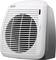 Een witte elektrische verwarmingsventilator met een ventilatierooster en de tekst 'VERTICALE Young' aan de zijkant.