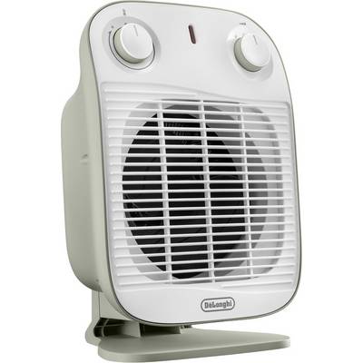 Witte, verticale elektrische verwarmingsventilator met twee draaiknoppen aan de bovenkant voor het regelen van de temperatuur en de ventilatorsnelheid.