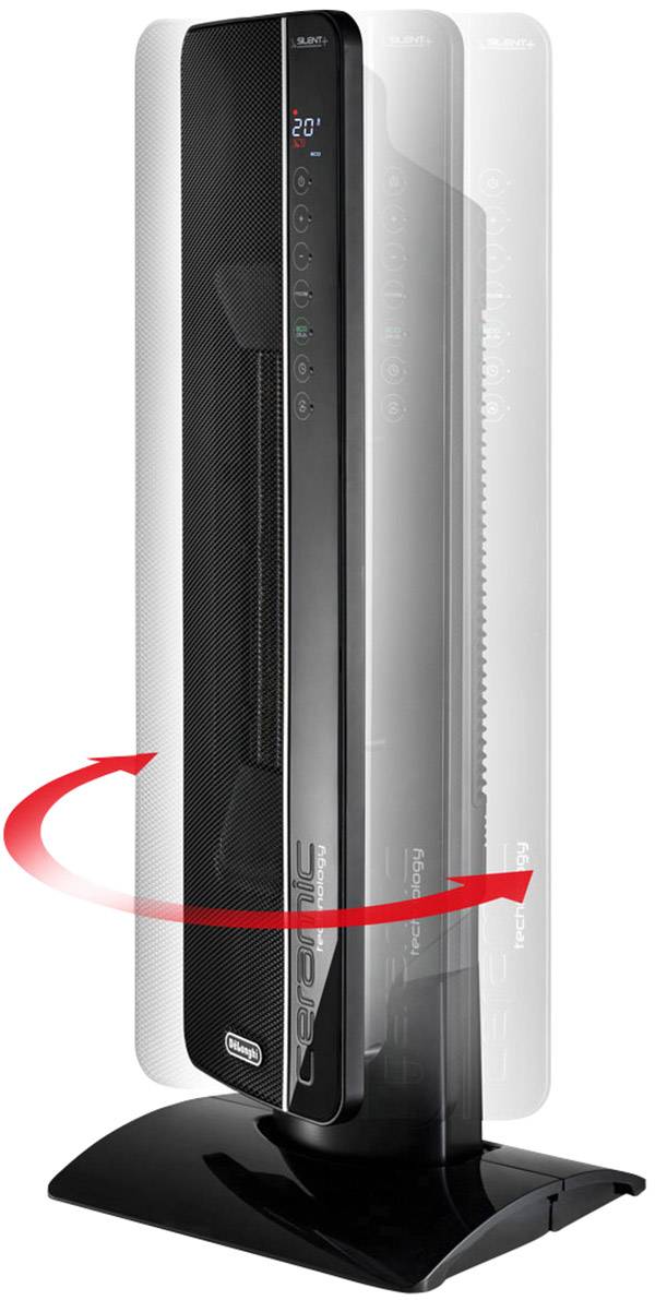 Een zwarte torenventilator met oscillerende functie. De ventilator heeft bedieningsknoppen en een digitaal display voor temperatuurweergave.