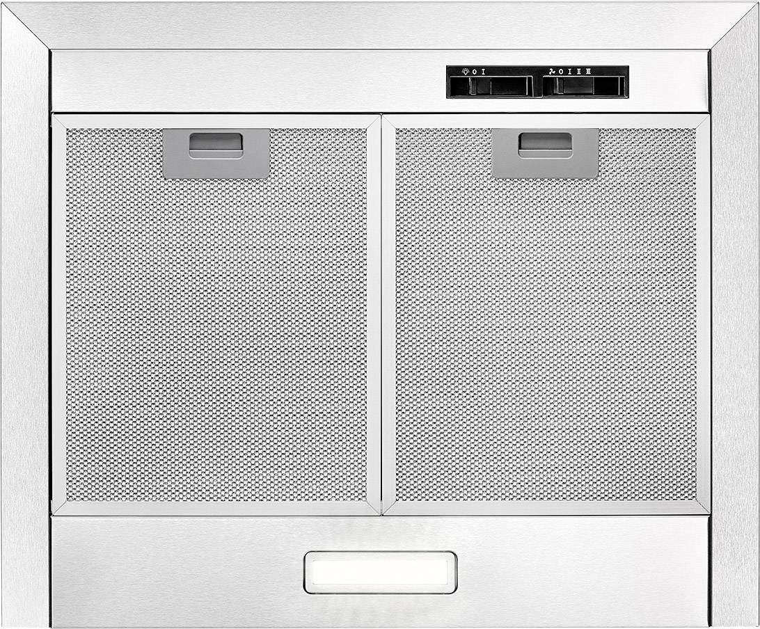 Afzuigkap met twee metalen filters en bedieningselementen. Boven de filters bevinden zich schuifregelaars voor bediening.