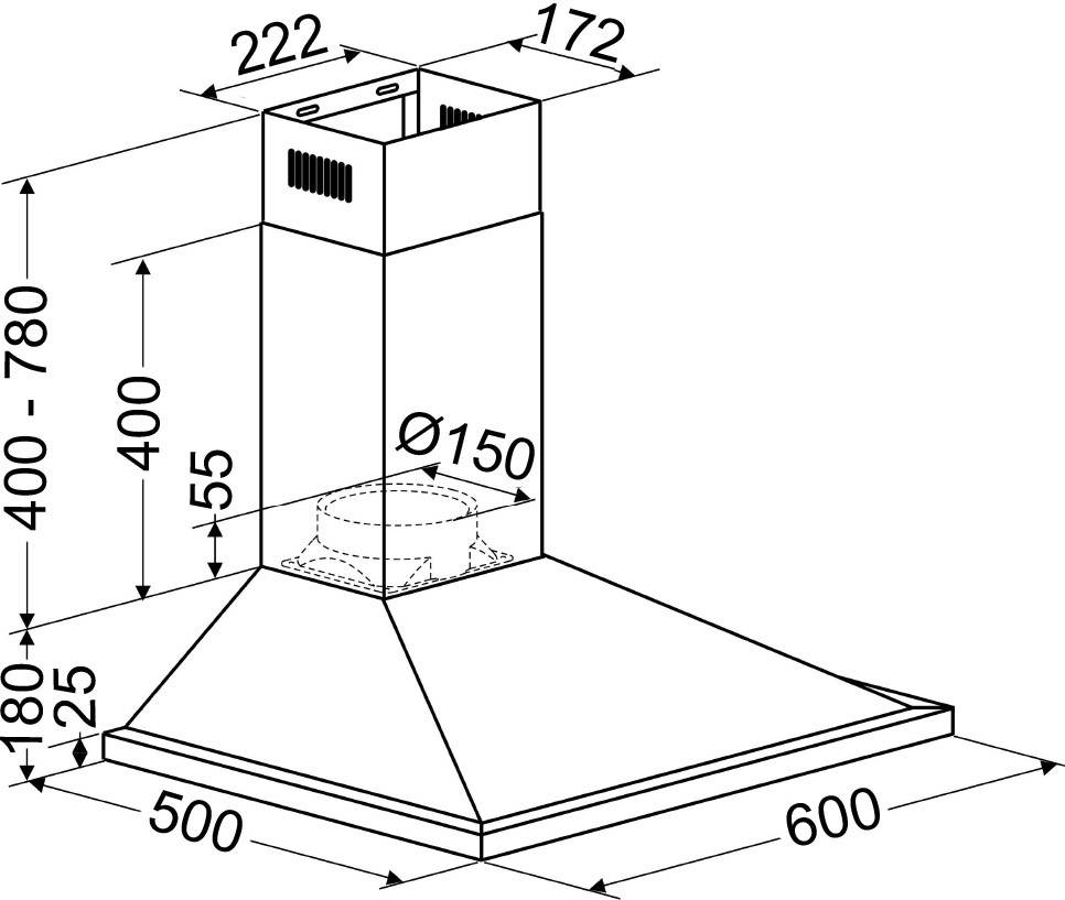 Tekening van een afzuigkap met afmetingen: breedte 600 mm, diepte 500 mm, hoogte verstelbaar 400-780 mm, aansluiting Ø150 mm.