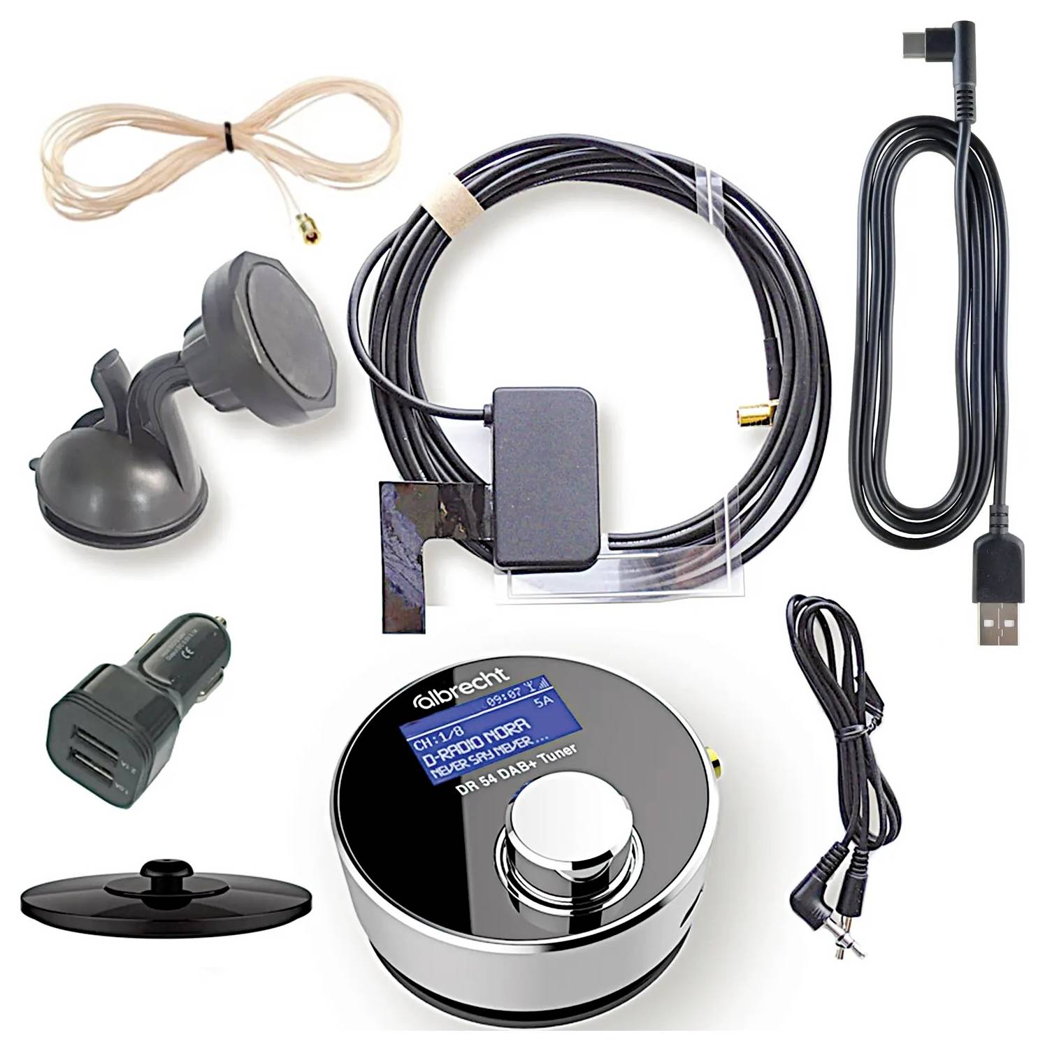 Een verzameling radioaccessoires bestaande uit een antenne, magnetische houders, lader, USB-kabel en bedieningsknop met digitaal display.