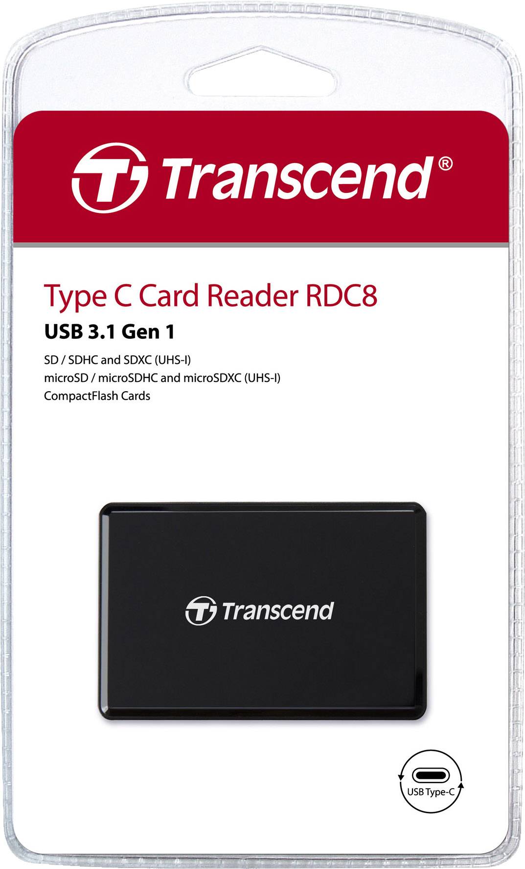Een zwarte Type-C-kaartlezer van Transcend in blisterverpakking. Opschrift: 'Type C Card Reader RDC8 USB 3.1 Gen 1'.