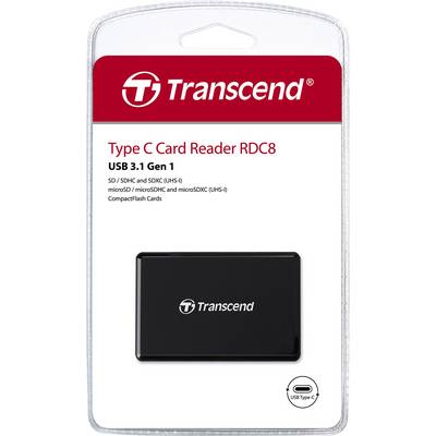 Een zwarte Type-C-kaartlezer van Transcend in blisterverpakking. Opschrift: 'Type C Card Reader RDC8 USB 3.1 Gen 1'.