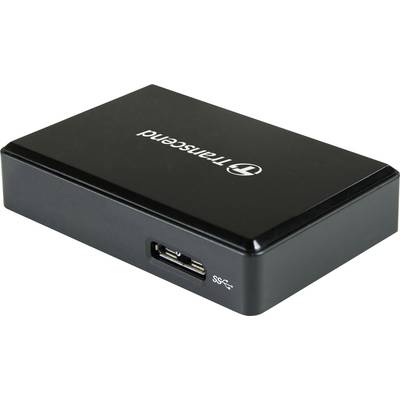 Externe harde schijf van Transcend in een zwarte behuizing, USB-aansluiting zichtbaar aan de zijkant.