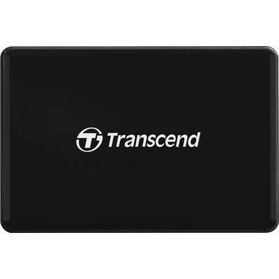 Een zwarte externe harde schijf met het 'Transcend'-logo in het midden.