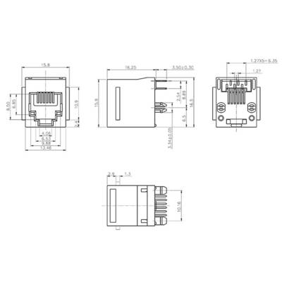 Technische tekening van een RJ45-connector met afmetingen in millimeters. Toont voor-, zij- en achteraanzicht.