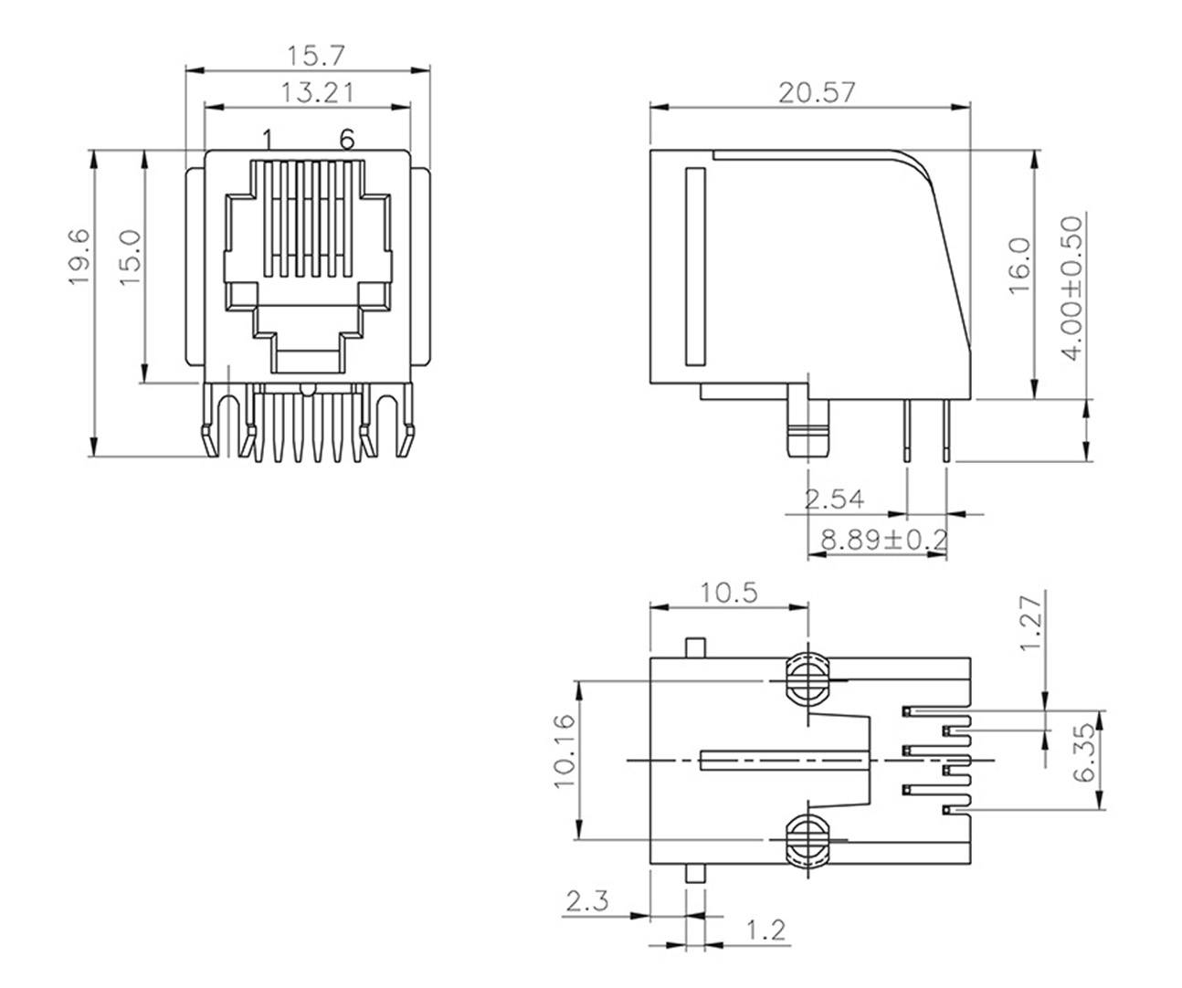 Technische tekening van een RJ45-connector met drie aanzichten: vooraanzicht, zijaanzicht en bovenaanzicht, met nauwkeurige afmetingen.