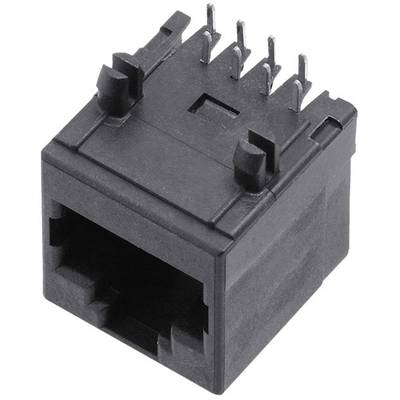 Zwarte RJ45-aansluitconnector met acht metalen pinnen, geschikt voor Ethernet-verbindingen in netwerk- of telecommunicatieapparatuur.