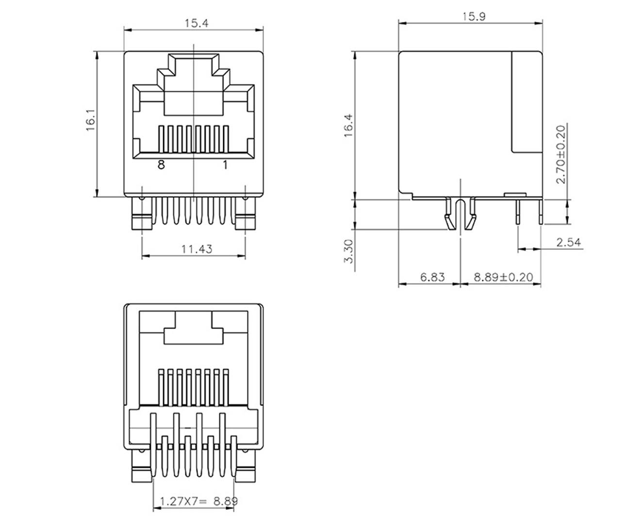 Maattekening van een RJ45-connector met alle relevante afmetingen in millimeters, toont voor- en zijaanzicht.