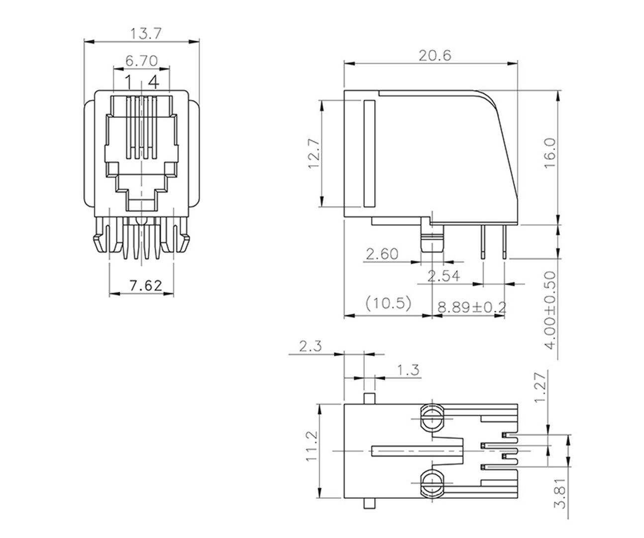 Technische tekening van een connector met gedetailleerde afmetingen in millimeters, weergegeven vanuit twee zijaanzichten en een bovenaanzicht.
