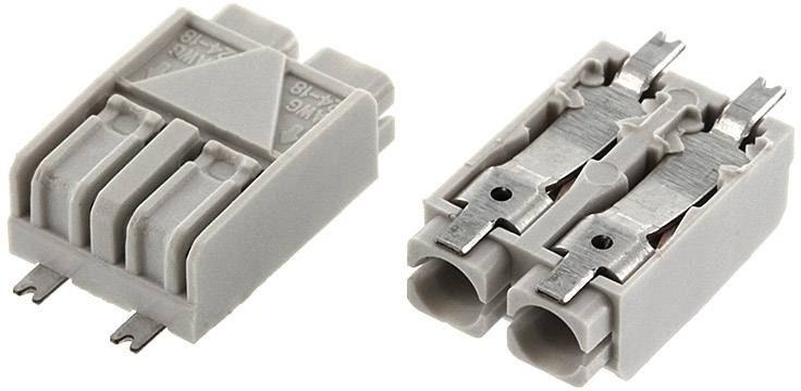 Grijze elektrische stekkers met metalen contacten, waarschijnlijk bedoeld voor printplaatmontage. Twee perspectieven, vooraanzicht en achteraanzicht.