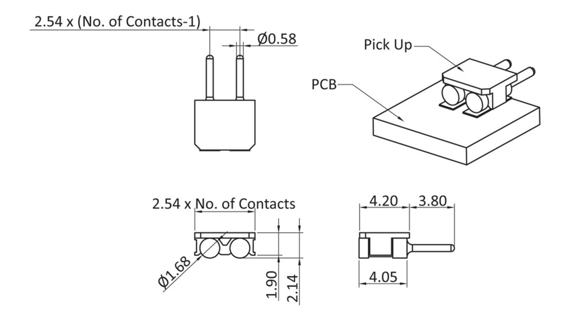 Technische tekening van een stekkerverbinding op een printplaat: afmetingen en bovenaanzicht en zijaanzicht. Getallen geven maten aan.