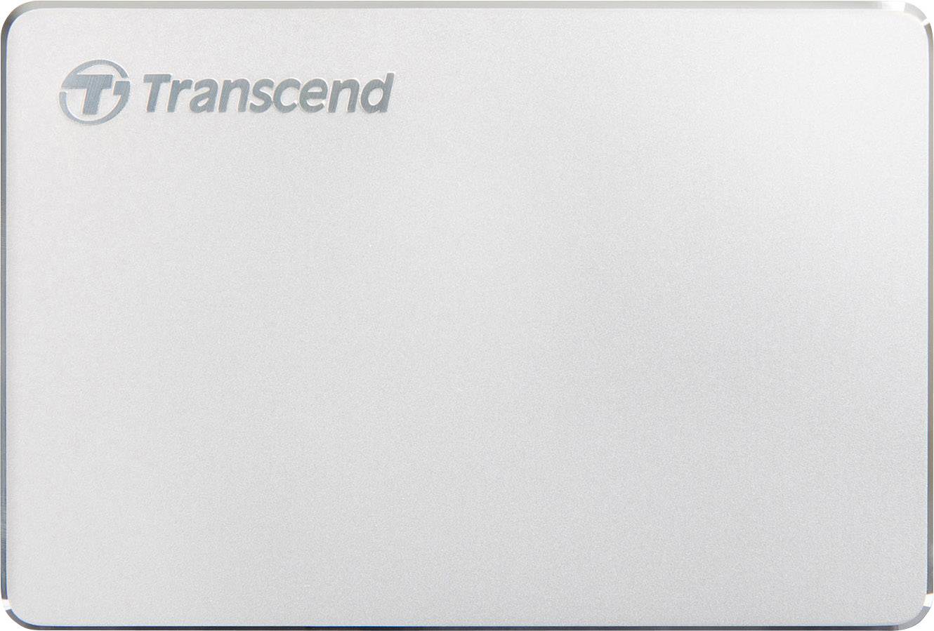 Externe harde schijf in zilver met de opdruk 'Transcend'.