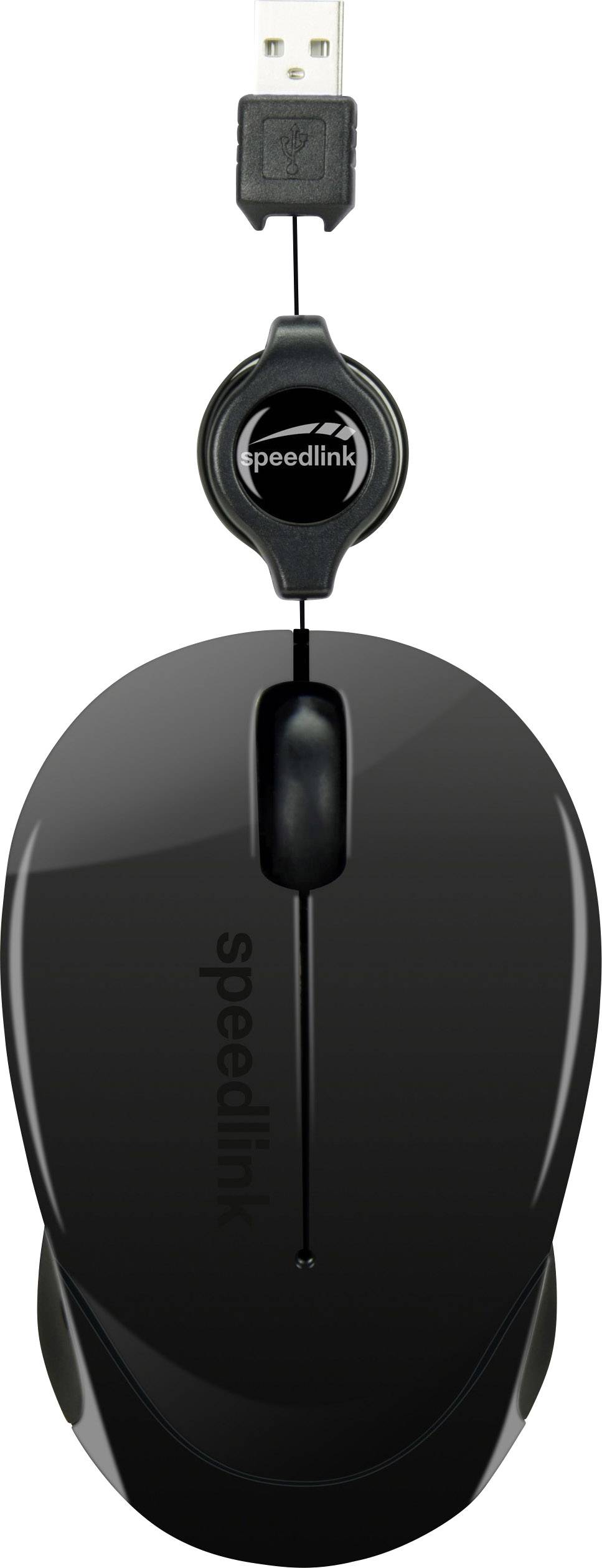 Een zwarte computermuis met USB-aansluiting, merk 'speedlink', zichtbaar in het bovenste gedeelte van de afbeelding.