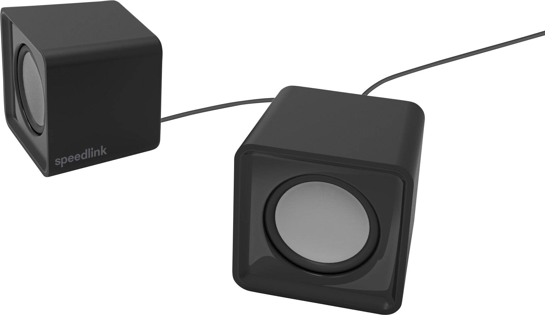Zwarte, vierkante luidsprekers met kabelaansluiting; eentje laat de zijkant zien, de andere de voorkant. Merk 'speedlink'.