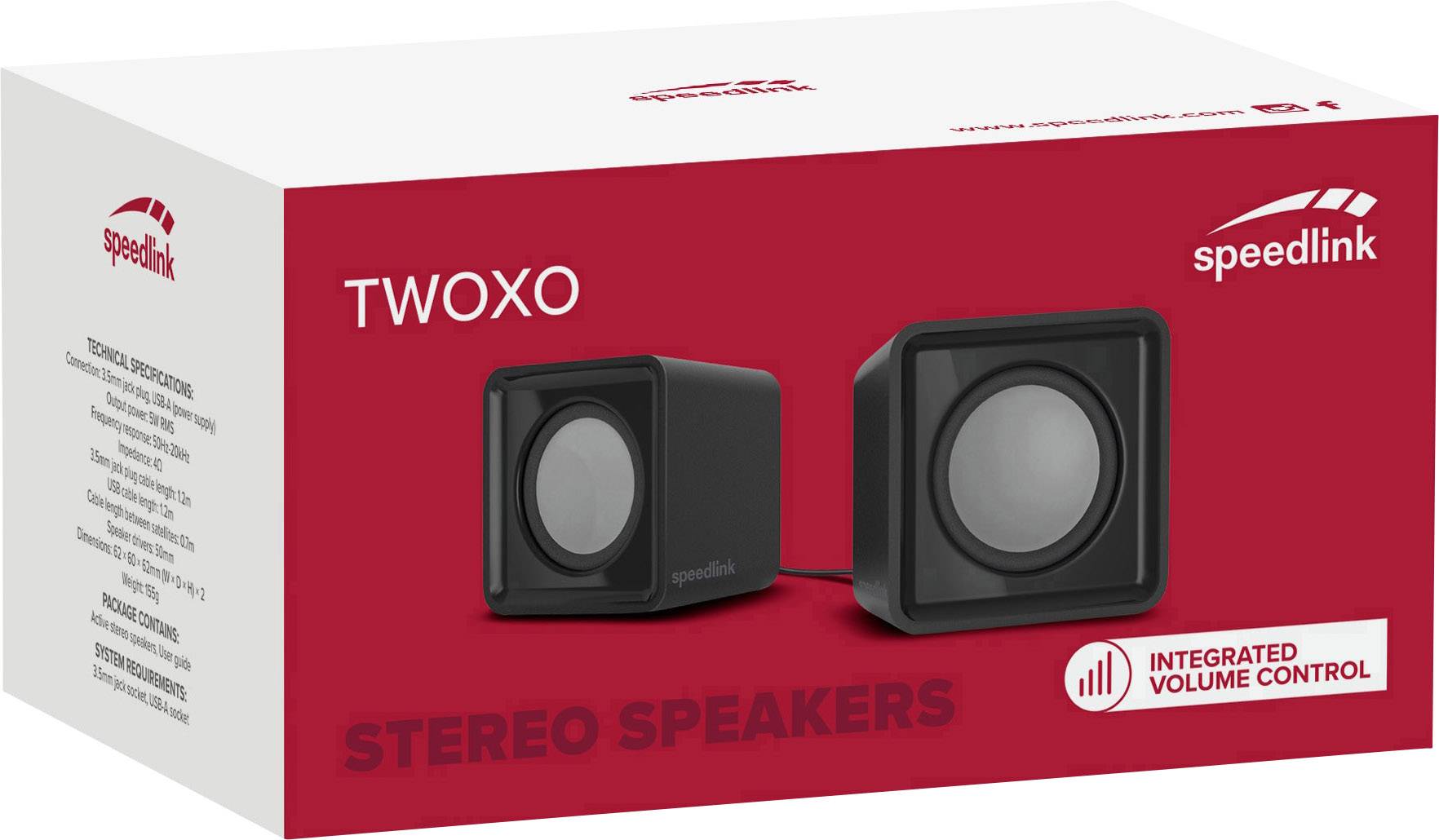 Stereo-luidsprekerdoos met geïntegreerde volumeregelaar op rode verpakking. Merknaam 'speedlink', model 'TWOXO'.