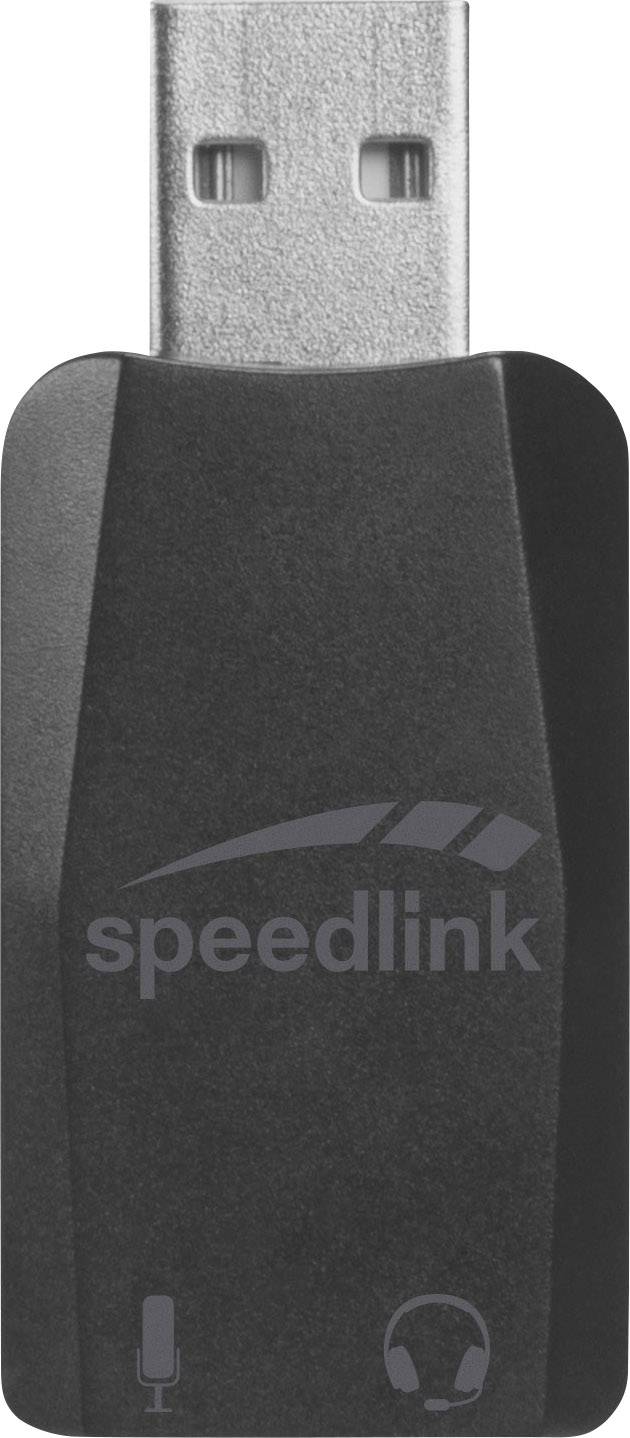Een zwarte USB-dongle met het 'speedlink' logo aan de voorkant, waarbij microfoon- en koptelefoon-symbolen de audiofuncties aangeven.