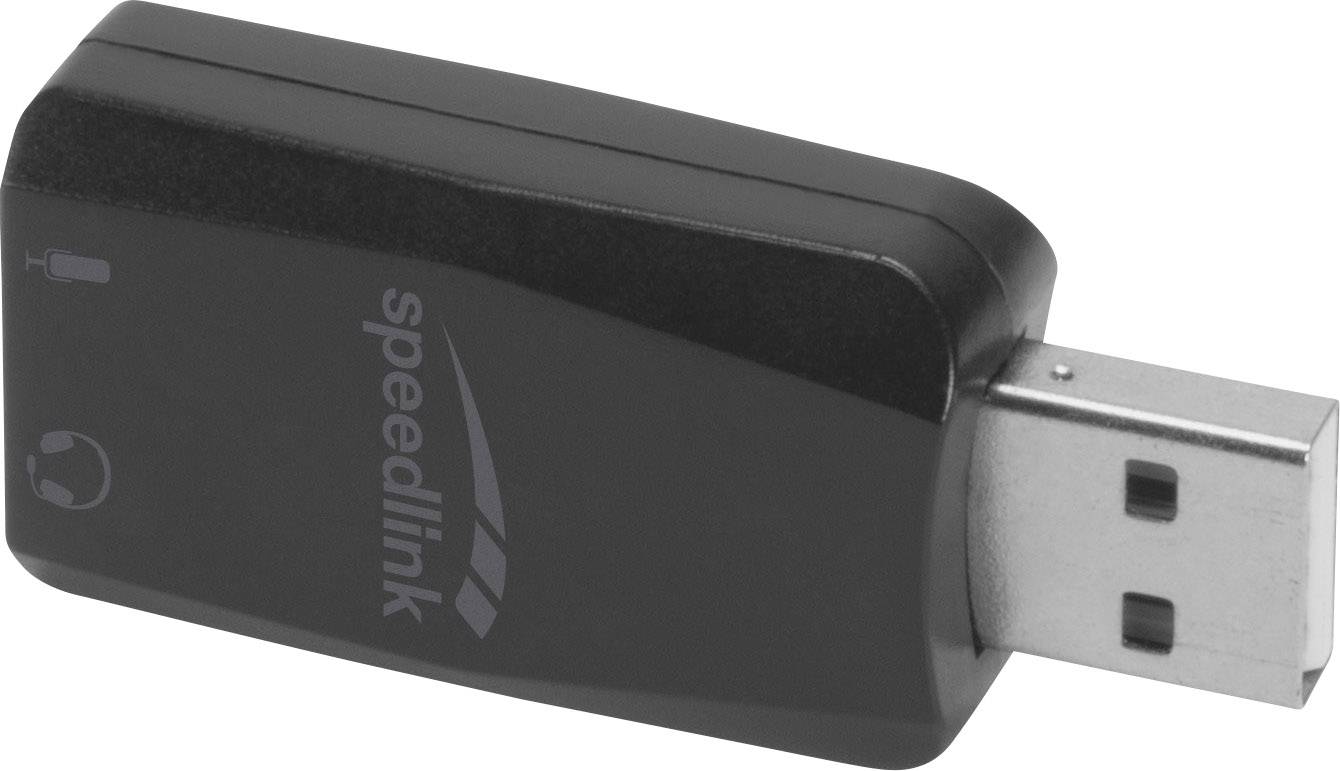 Een zwarte USB-stick met het opschrift 'speedlink', symbolen voor microfoon en koptelefoon.