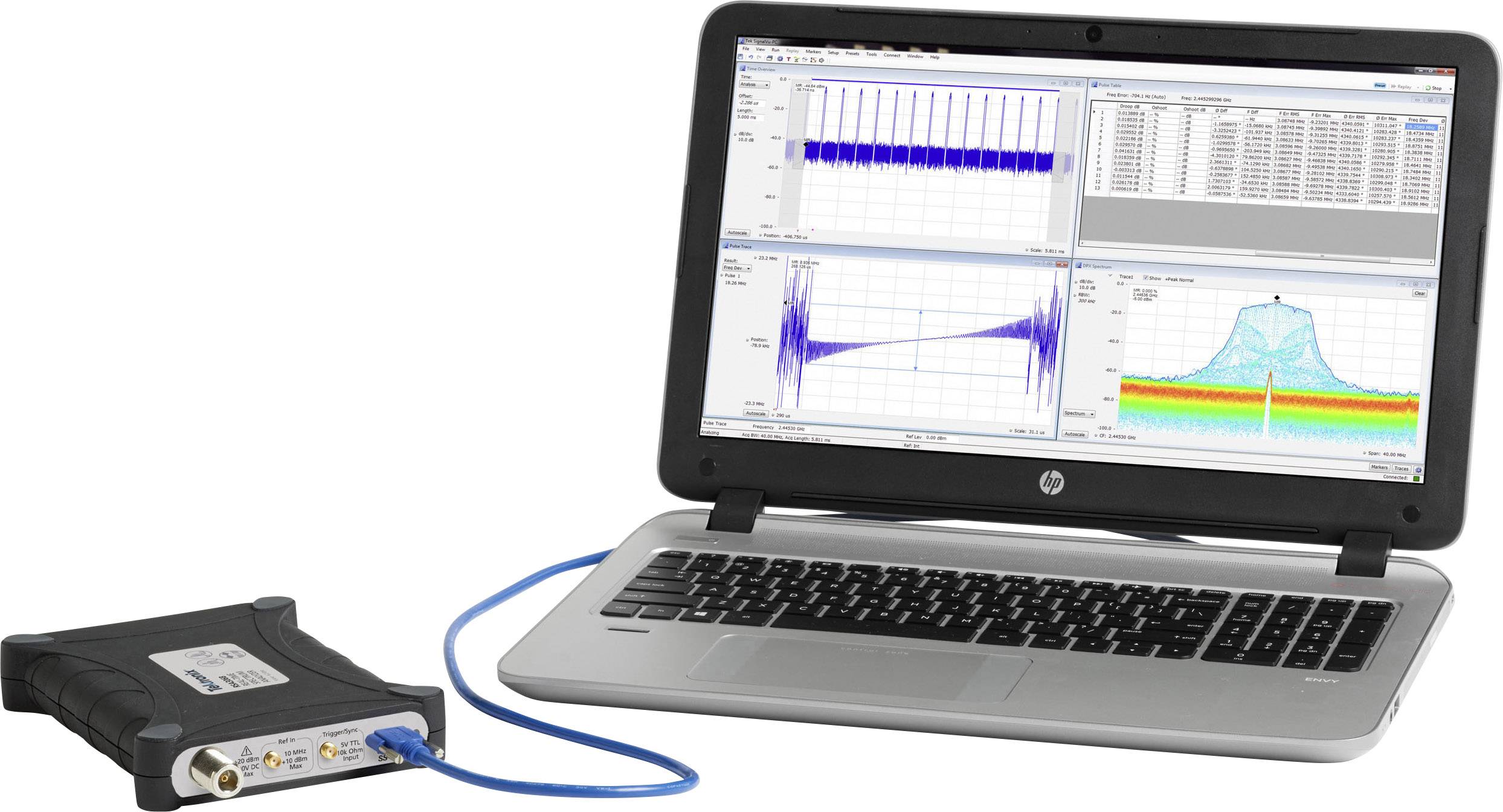 Laptop met software voor het analyseren van gegevens van een aangesloten meetapparaat. Vier diagrammen tonen verschillende gegevenspatronen.