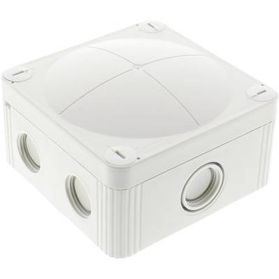 Een witte, vierkante verdeelinrichting met meerdere kabelopeningen aan de zijkanten. Hij wordt gebruikt voor elektrische bekabeling.