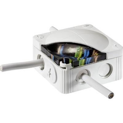 Witte elektronische verbindingsblok met zichtbare draden in verschillende kleuren, die aan twee zijden worden ingevoerd.