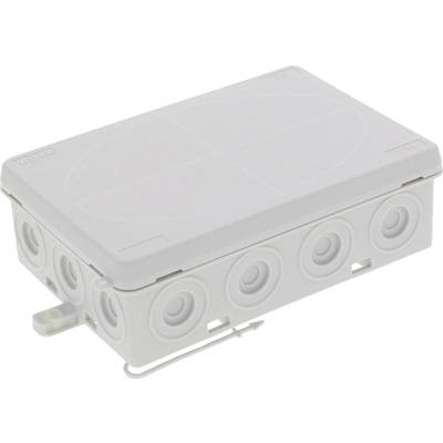 Witte elektrische verdeeldoos met meerdere kabelopeningen aan de zijkanten, voor veilige installatie van kabels en leidingen.