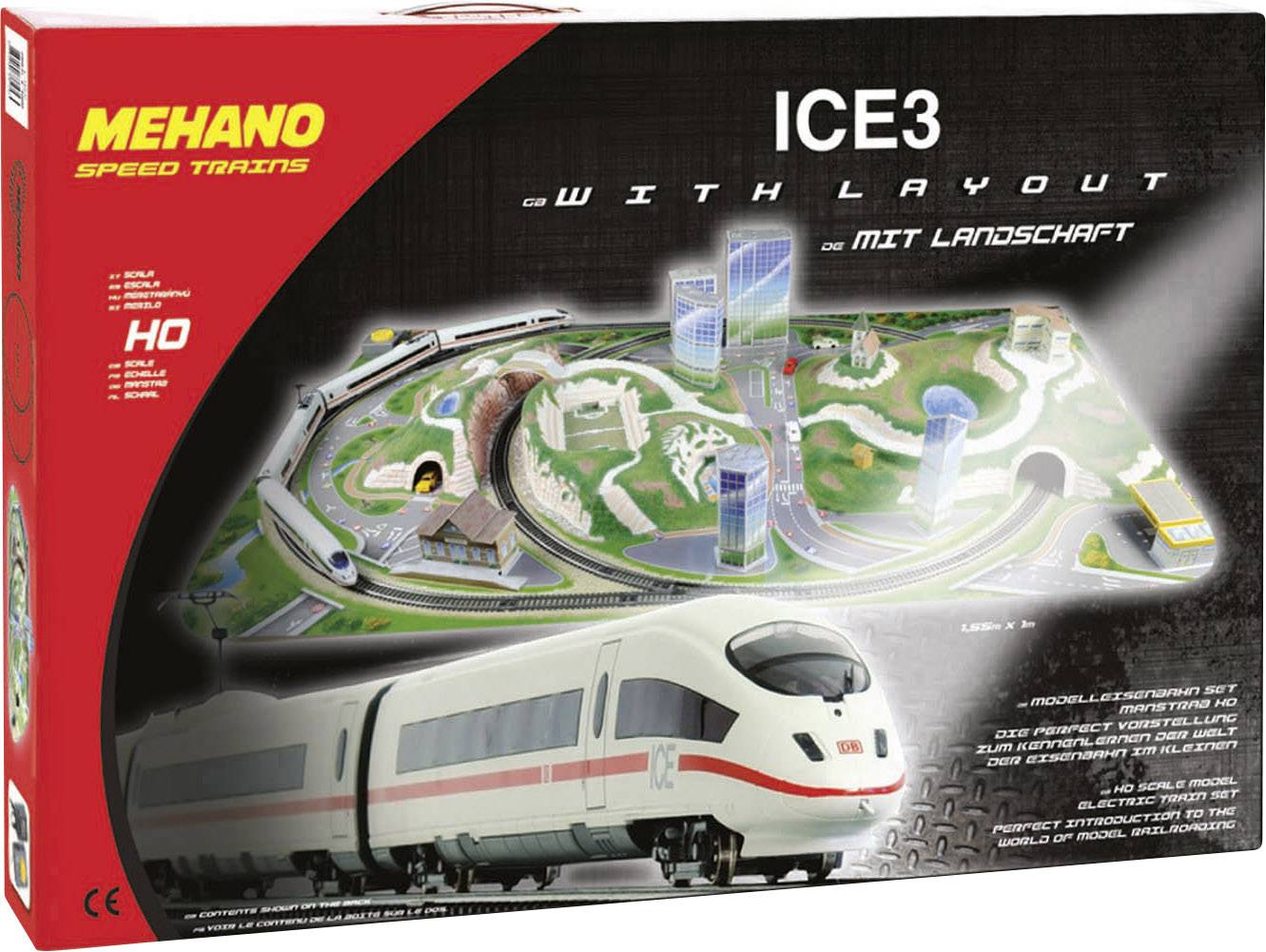 Verpakking van een modelspoorbaan: ICE3-trein met landschapsopbouw op de voorkant, merk "Mehano Speed Trains", schaal HO.