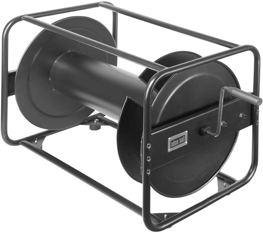 Een zwarte metalen kabelrol met handslinger en een stevig frame, geschikt voor industriële of ambachtelijke toepassingen.