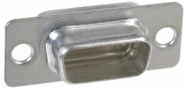 Een metalen rechthoekige connector met een brede centrale sleuf en twee bevestigingsgaten aan elke kant.