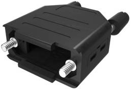 Een zwarte stekeradapter met twee zichtbare schroefverbindingen. Geschikt voor elektrische aansluitingen en kabelbeveiligingen.