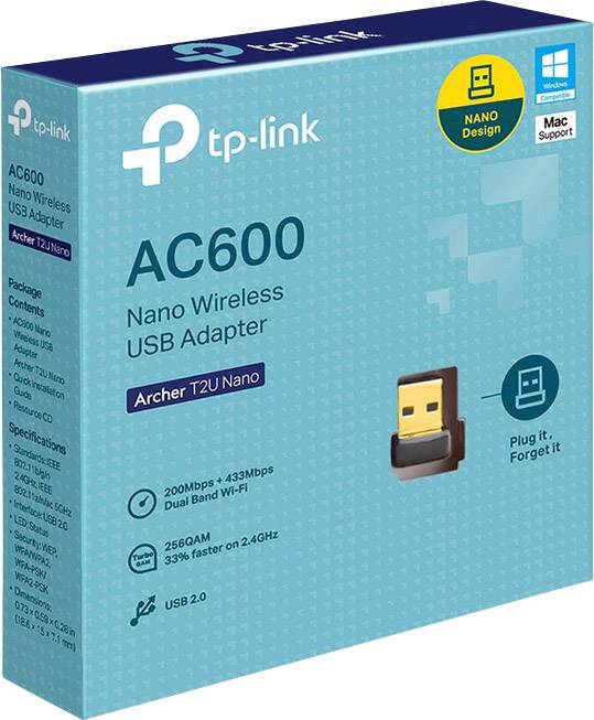 TP-Link AC600 Nano Draadloze USB-Adapter verpakking. Eigenschappen: Dual Band, tot 600 Mbps, USB 2.0-aansluiting, compatibel met Mac.