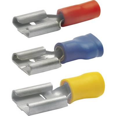 'Drie verschillende volledig geïsoleerde platte stekkers in Rood, Blauw en Geel. Elke stekker heeft een metalen klem voor elektrische verbindingen.'