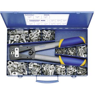 Een blauwe kist met verschillende metalen ogen en een bijpassende krimptang, die wordt gebruikt om de ogen te bevestigen.