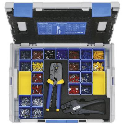 Assortimentskisten met verschillende kabelschoenen in vakjes. Twee krimptangen liggen naast elkaar. Kunststof doos met blauw-gele inhoud.