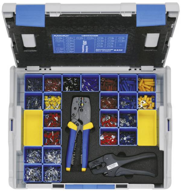 Klauke LBOXX230B Assortiment kabelschoenen Incl. krimptang, Incl. striptang, Incl. kabelschoen, Incl. kabelschoen (plat), Incl. ringkabelschoen, Incl. adereindhulzen, Incl. doorverbinder Deels geïsoleerd Blauw, Rood, Grijs, Geel, Zilver 2377 onderdelen