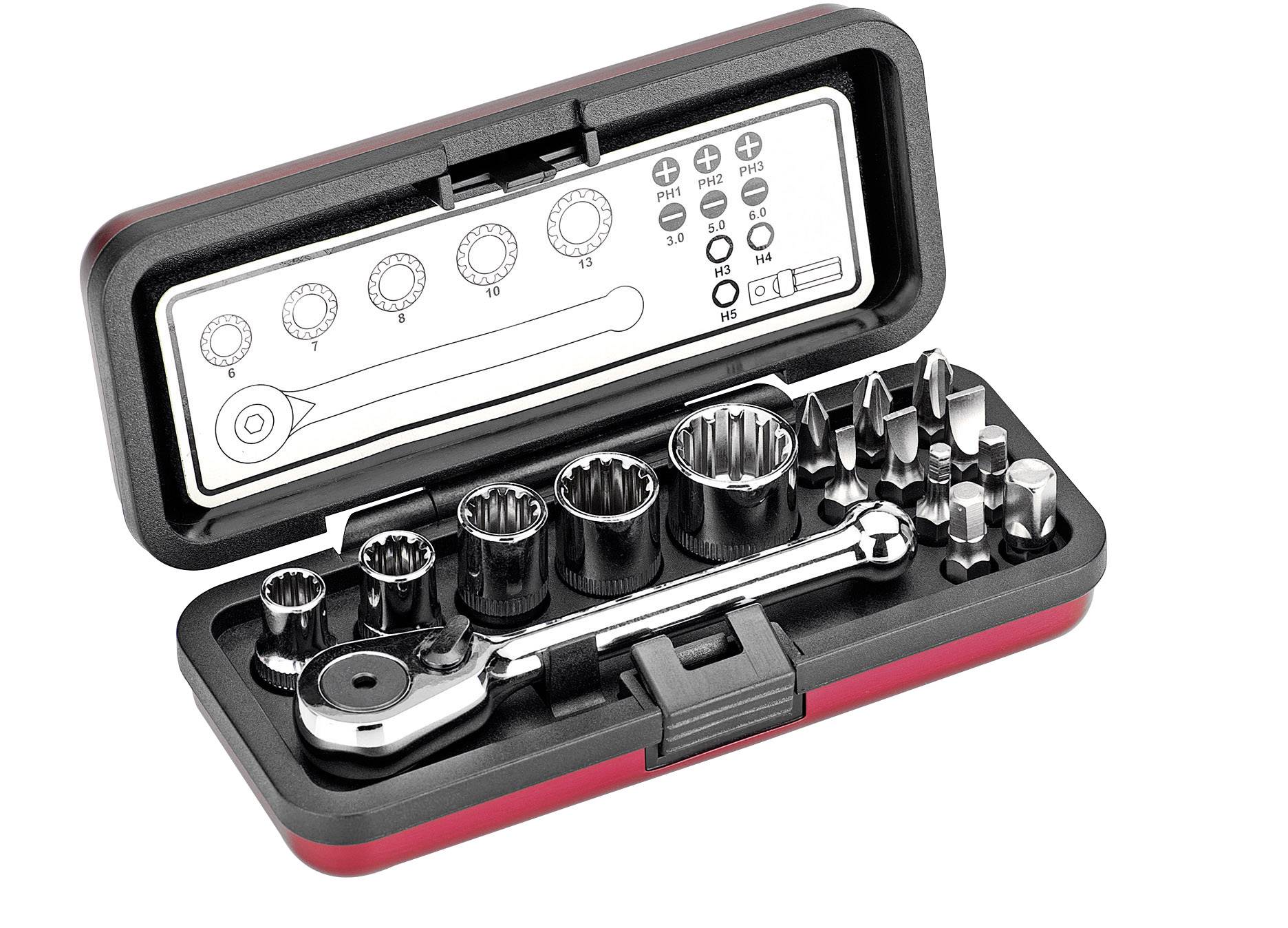 'Ratelset met verschillende dopsleutels en bits in een open rode etui. Geschikt voor reparatie- en montagewerkzaamheden.'