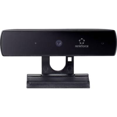 Zwarte webcam van renkforce met houder. Hij heeft een centraal objectief en twee kleine lichtjes aan beide kanten van het logo.