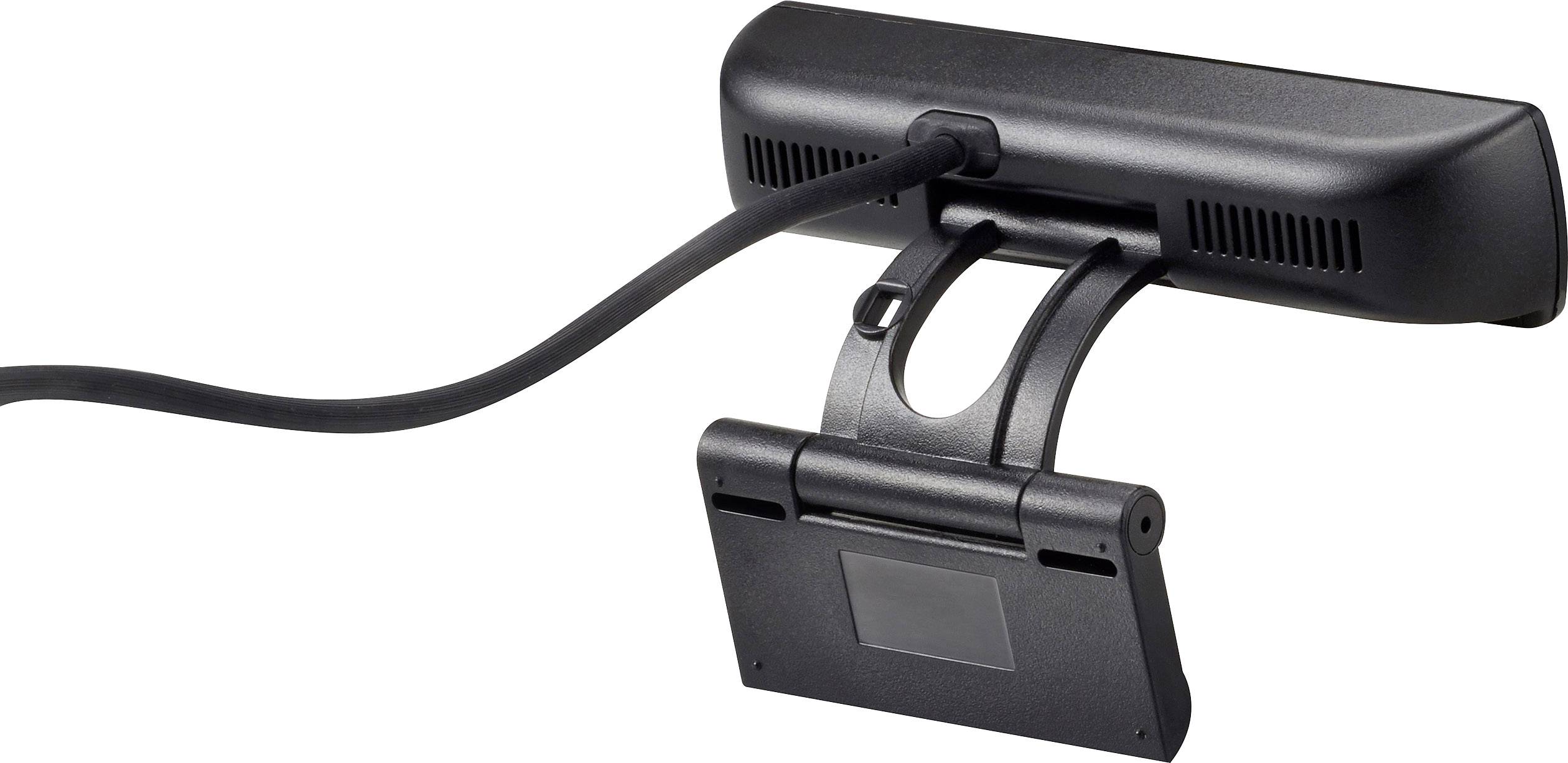 Een zwarte webcam is verbonden met een dun kabel en toont zijn achterkant met ventilatiesleuven en een bevestigingssteun.