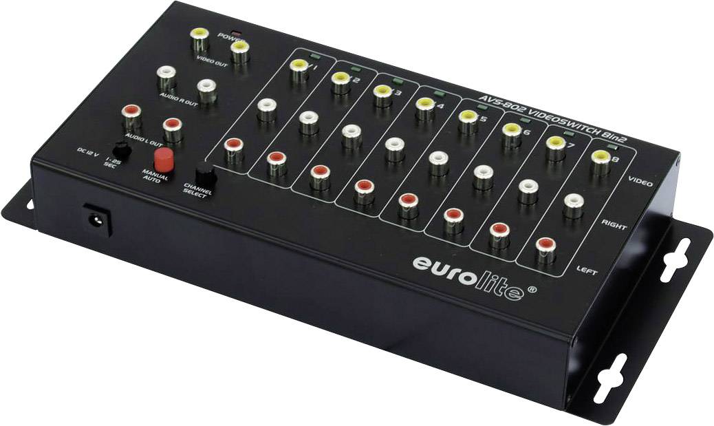 'Eurolite AVS-808 Video-Switch' met 8 schakelaars en meerdere audio-video-ingangen voor het besturen van beeld- en audiosignalen.
