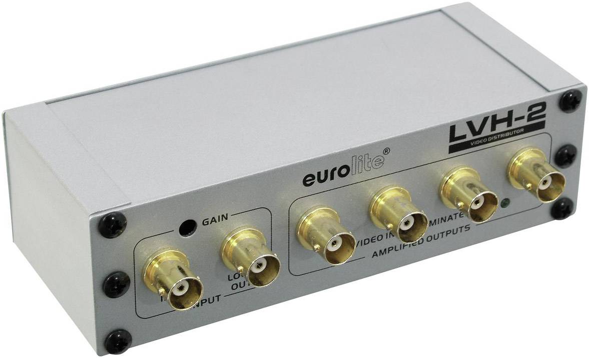 'Eurolite LVH-2' Videodistributie-versterker met zes vergulde BNC-uitgangen en een BNC-ingang, gain-regelaar links.