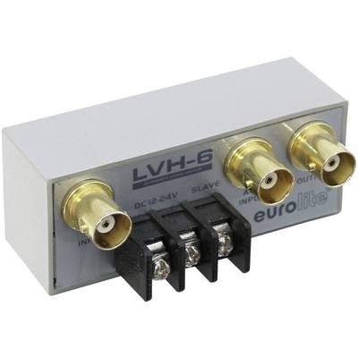 Een Eurolite LVH-6 Video-Splitter met drie BNC-aansluitingen en een ruimte voor draadaansluitingen, geschikt voor DC 12-24V systemen.