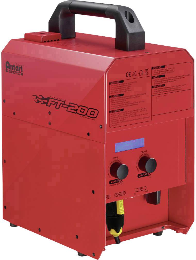 Een rood, draagbaar apparaat met een handgreep. Het heeft twee draaiknoppen en een display, waarschijnlijk voor aanpassingen of instellingen.